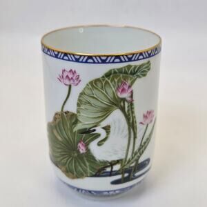 Franklin Mint 1985 Porcelain Tea Cup Egret Lotus Blue Gold Trim Japan